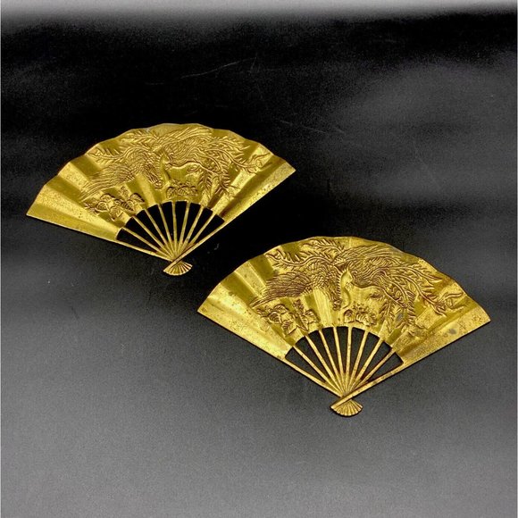 2 Vintage Solid Brass Oriental Style Hand Fan Phoenix Dragon Wall Decor 7”x11” - Picture 1 of 5